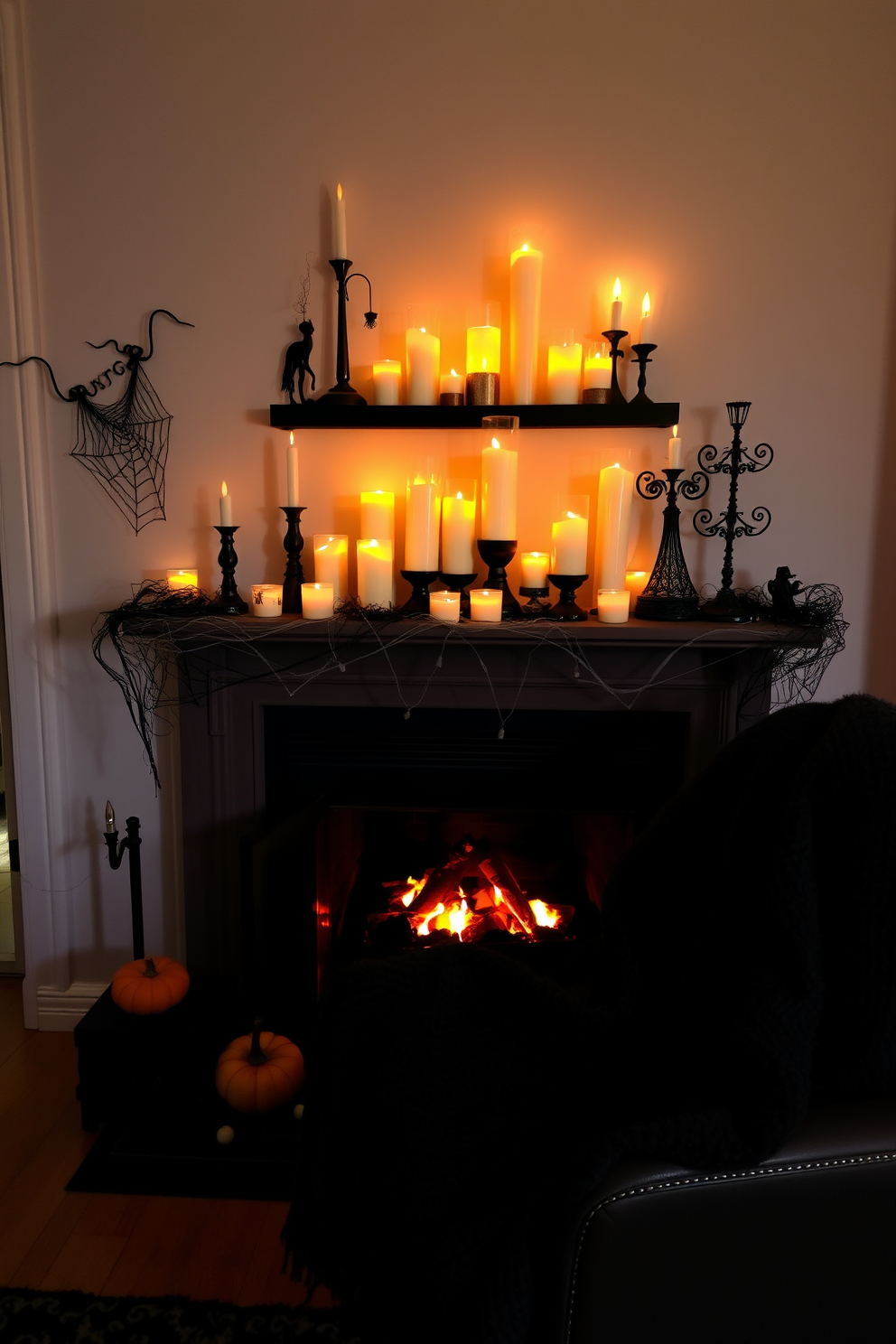 A cozy fireplace adorned with an array of candles in eerie shapes and sizes creates a hauntingly beautiful atmosphere. The flickering candlelight casts shadows on the walls, enhancing the spooky ambiance of the Halloween decor. Surrounding the fireplace, whimsical decorations like cobwebs and miniature pumpkins add to the festive charm. A plush, dark-colored throw blanket drapes over the nearby chair, inviting guests to gather and enjoy the seasonal spirit.