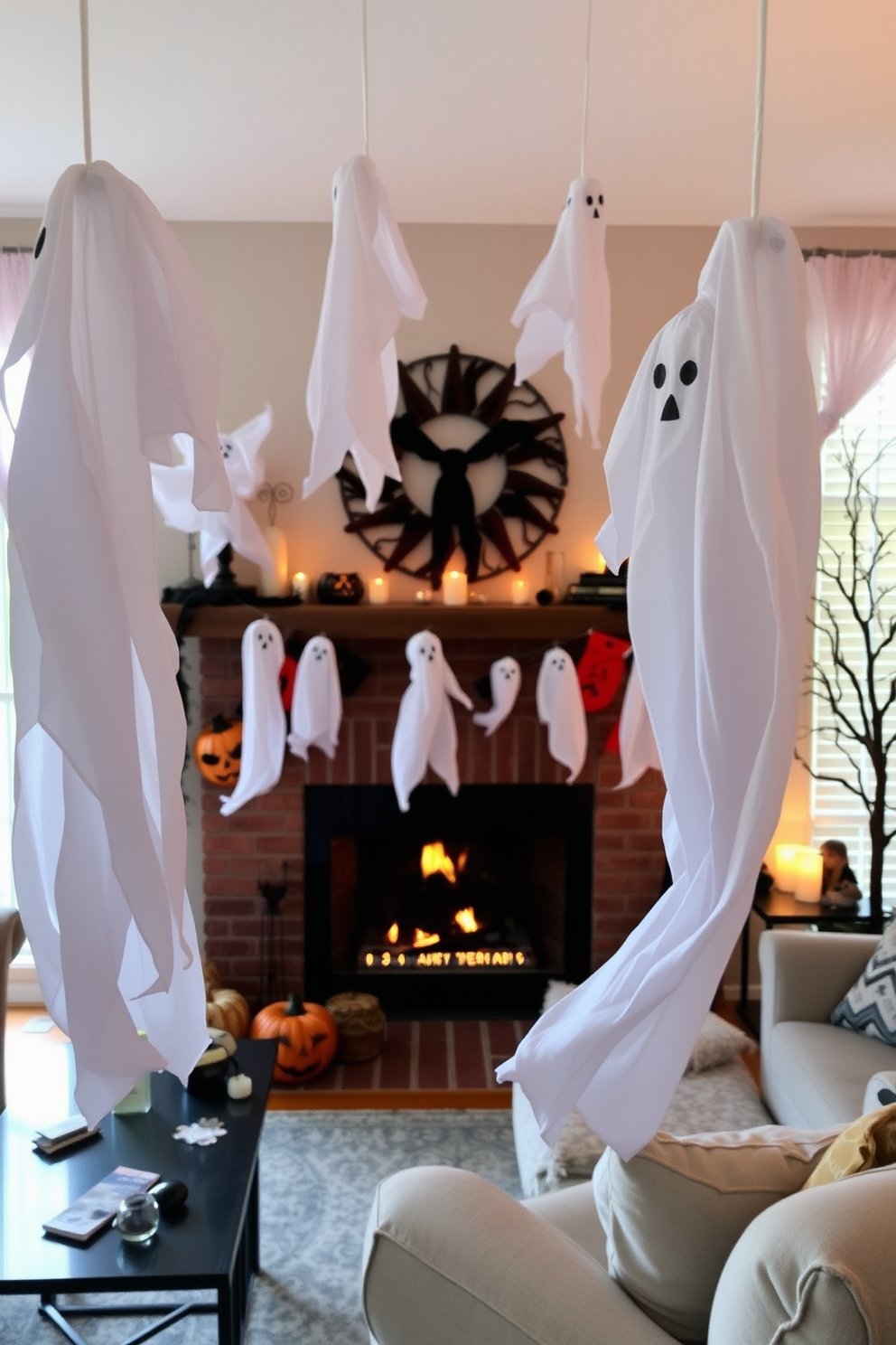 A cozy living room adorned for Halloween. A fireplace is decorated with hanging ghosts made from white sheets, swaying gently in the breeze, creating a spooky yet inviting atmosphere.