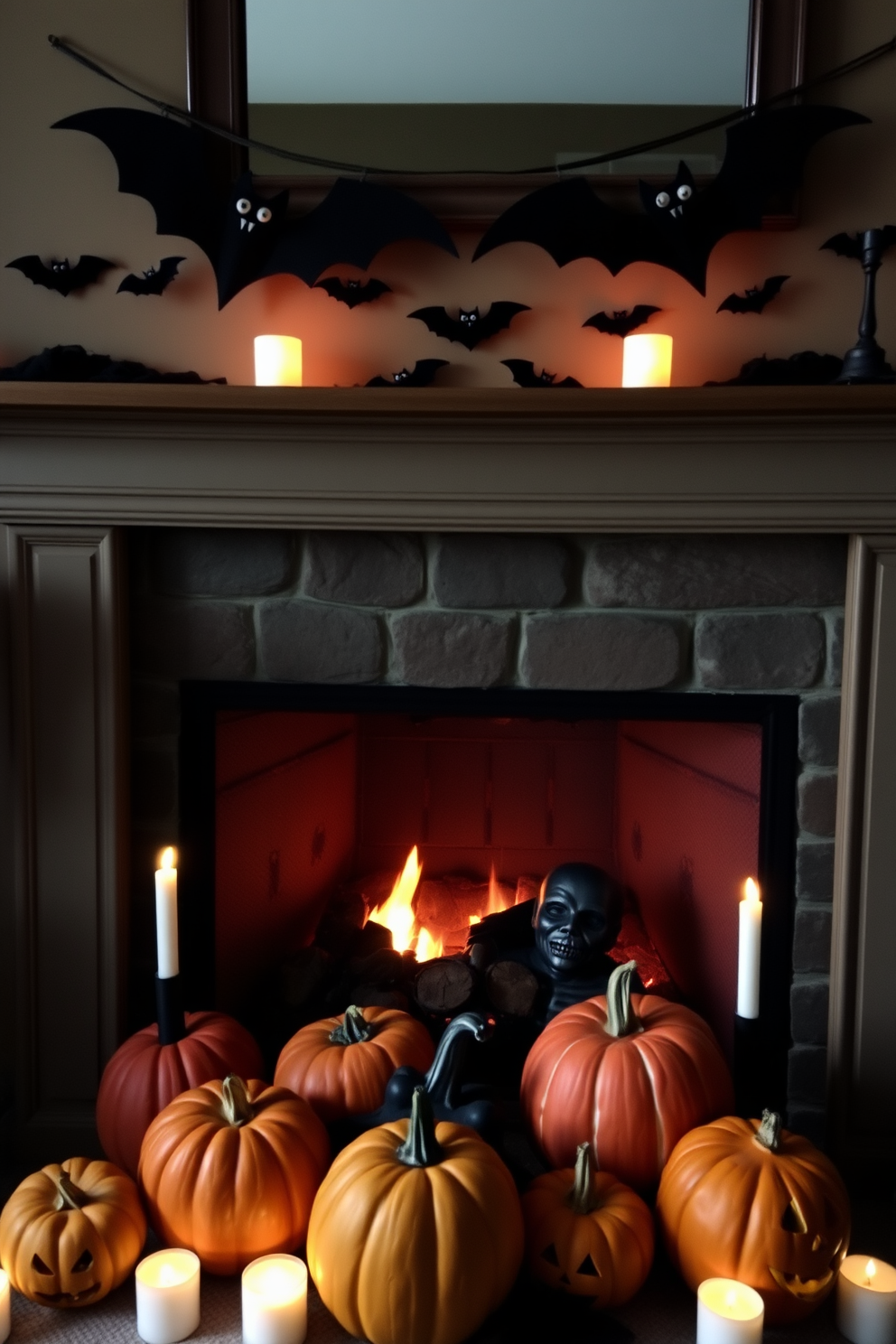 Create a cozy Halloween fireplace setting. The mantel is adorned with hanging bats made of black felt, creating a spooky atmosphere. In front of the fireplace, place a collection of carved pumpkins of various sizes. Surround the pumpkins with flickering candles to enhance the festive mood.