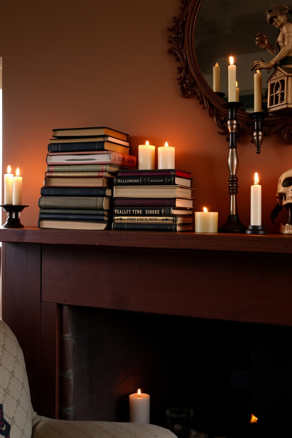 A cozy fireplace setting adorned with vintage books stacked neatly on a rustic wooden mantel. Beside the books, a decorative skull adds a touch of Halloween charm, while flickering candles cast a warm glow throughout the room.