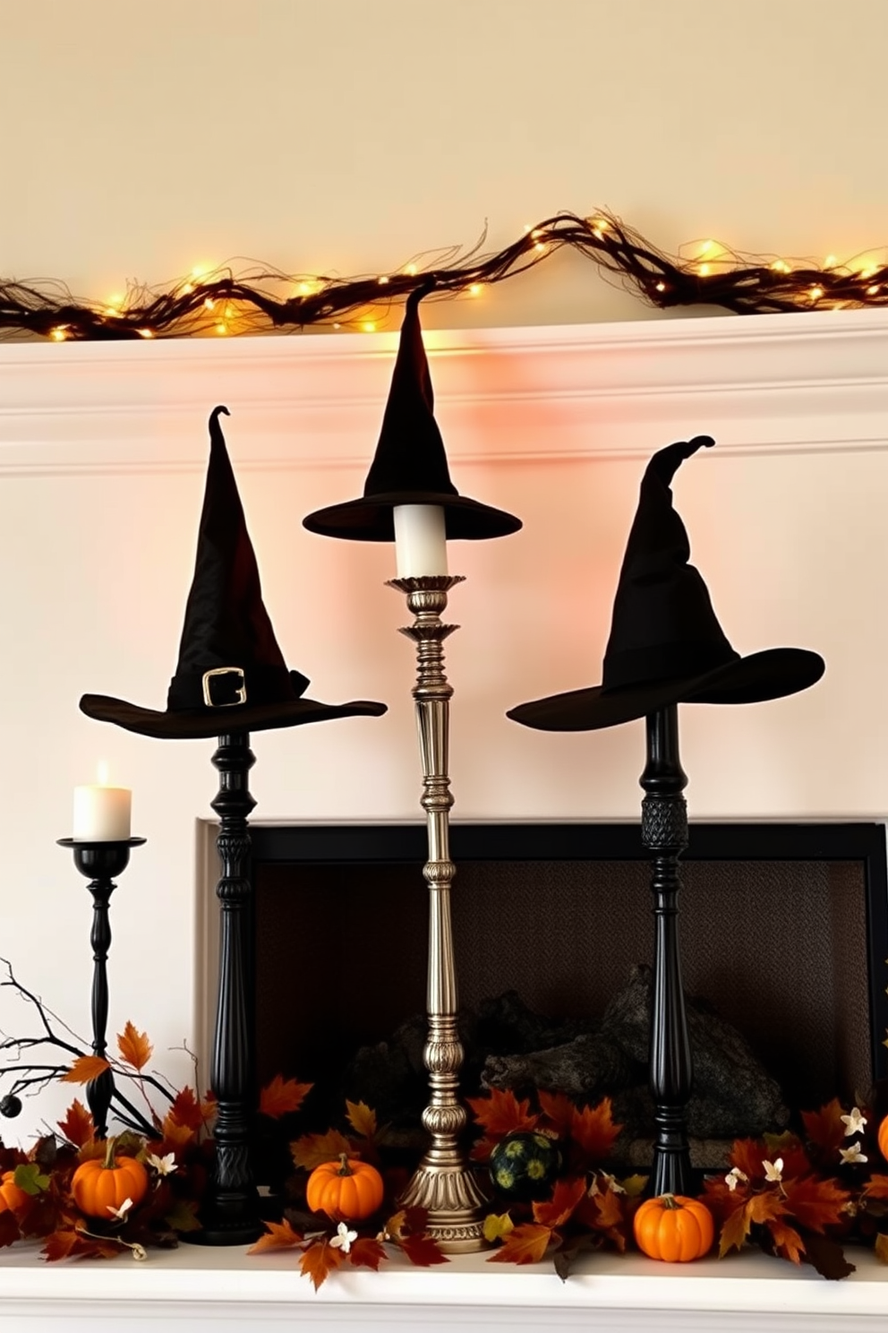 Witch hats in various sizes are perched on elegant candle holders of different heights, creating a whimsical Halloween atmosphere. The flickering candlelight casts playful shadows, enhancing the festive spirit of the fireplace. The fireplace is adorned with autumn leaves and small pumpkins, adding a seasonal touch to the decor. Above the mantel, a garland of twinkling fairy lights complements the spooky yet charming display.