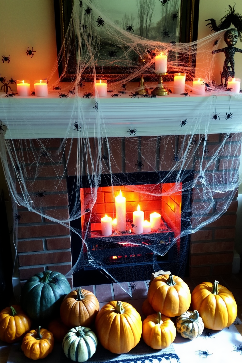 A cozy fireplace adorned for Halloween. The mantel is draped with spider webs, intricately woven with plastic spiders, creating a spooky yet inviting atmosphere. Candles flicker on the hearth, casting shadows that dance across the room. Pumpkins of various sizes, some carved and some painted, are arranged artfully around the base of the fireplace.