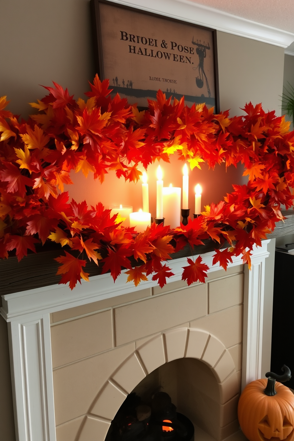 A cozy fireplace adorned for Halloween features a rustic mantel draped with autumn leaves in vibrant shades of orange, red, and yellow. Flickering candles in varying heights are placed among the leaves, creating a warm and inviting atmosphere.