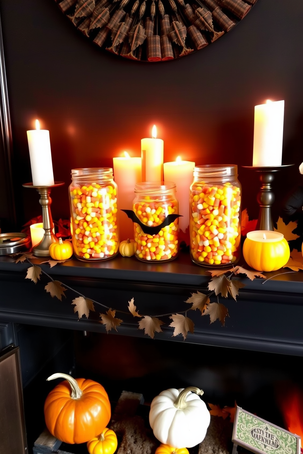 Create a cozy Halloween-themed fireplace setting adorned with glass jars filled with colorful candy corn. The fireplace mantel is decorated with autumn leaves, small pumpkins, and flickering candles to enhance the festive atmosphere.