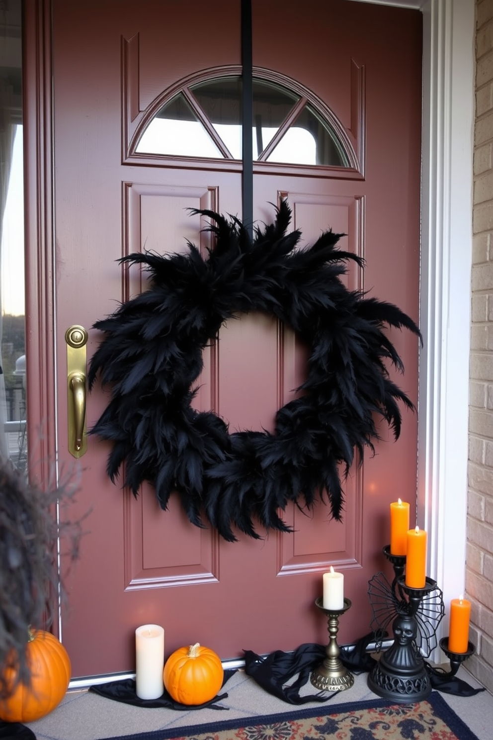 A spooky wreath adorned with black feathers hangs prominently on the front door, creating an eerie yet stylish entrance. Surrounding the wreath, small pumpkins and flickering candles add to the Halloween ambiance, inviting guests with a touch of festive charm.