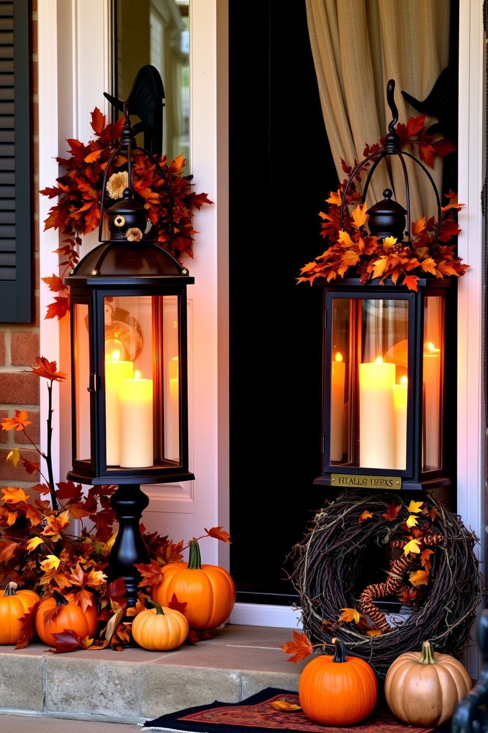 Create a charming front door adorned with vintage lanterns featuring faux candles that emit a warm, inviting glow. Surround the lanterns with autumn leaves, small pumpkins, and seasonal wreaths to enhance the Halloween spirit.