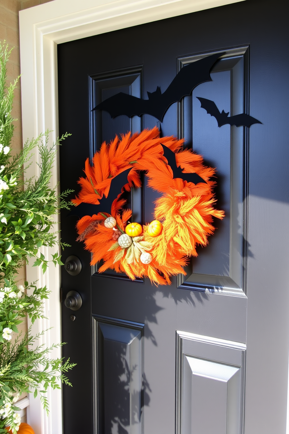 Create an inviting Halloween front door scene featuring bat silhouettes flying across the door. The door is painted a deep black color, adorned with a vibrant orange wreath filled with seasonal foliage and small pumpkins.