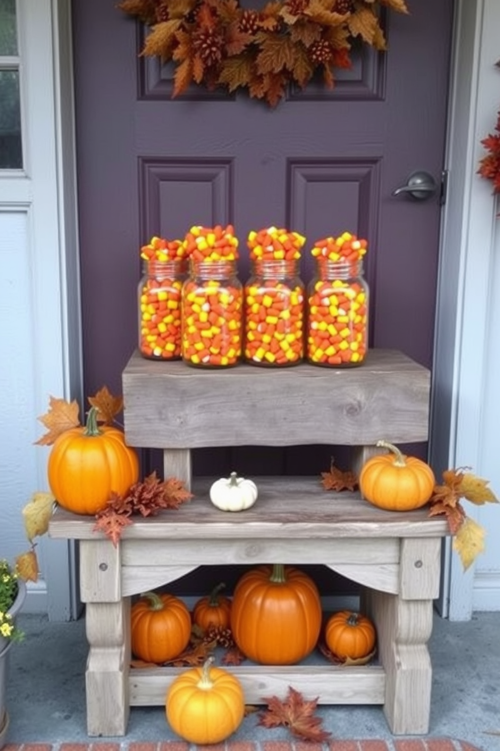 A charming front door adorned for Halloween features a collection of mason jars filled with vibrant candy corn. The jars are arranged on a rustic wooden bench, complemented by autumn leaves and small pumpkins scattered around them.