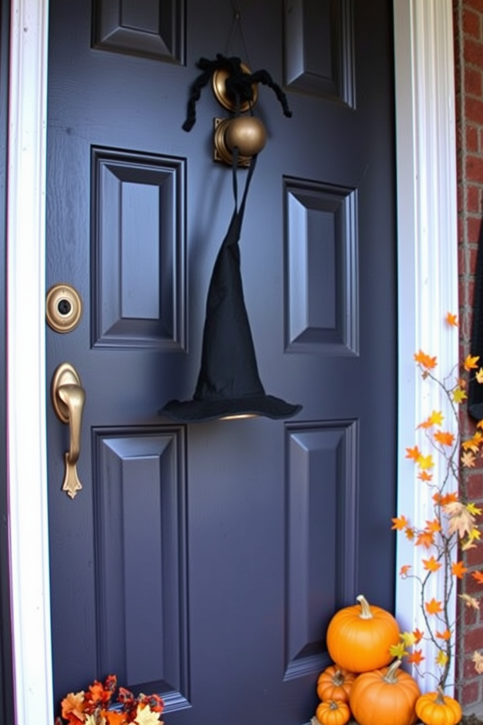 A whimsical Halloween front door adorned with a witch hat casually hanging from a vintage door knob. Surrounding the door, seasonal decorations include small pumpkins and autumn leaves, creating a festive and inviting atmosphere.