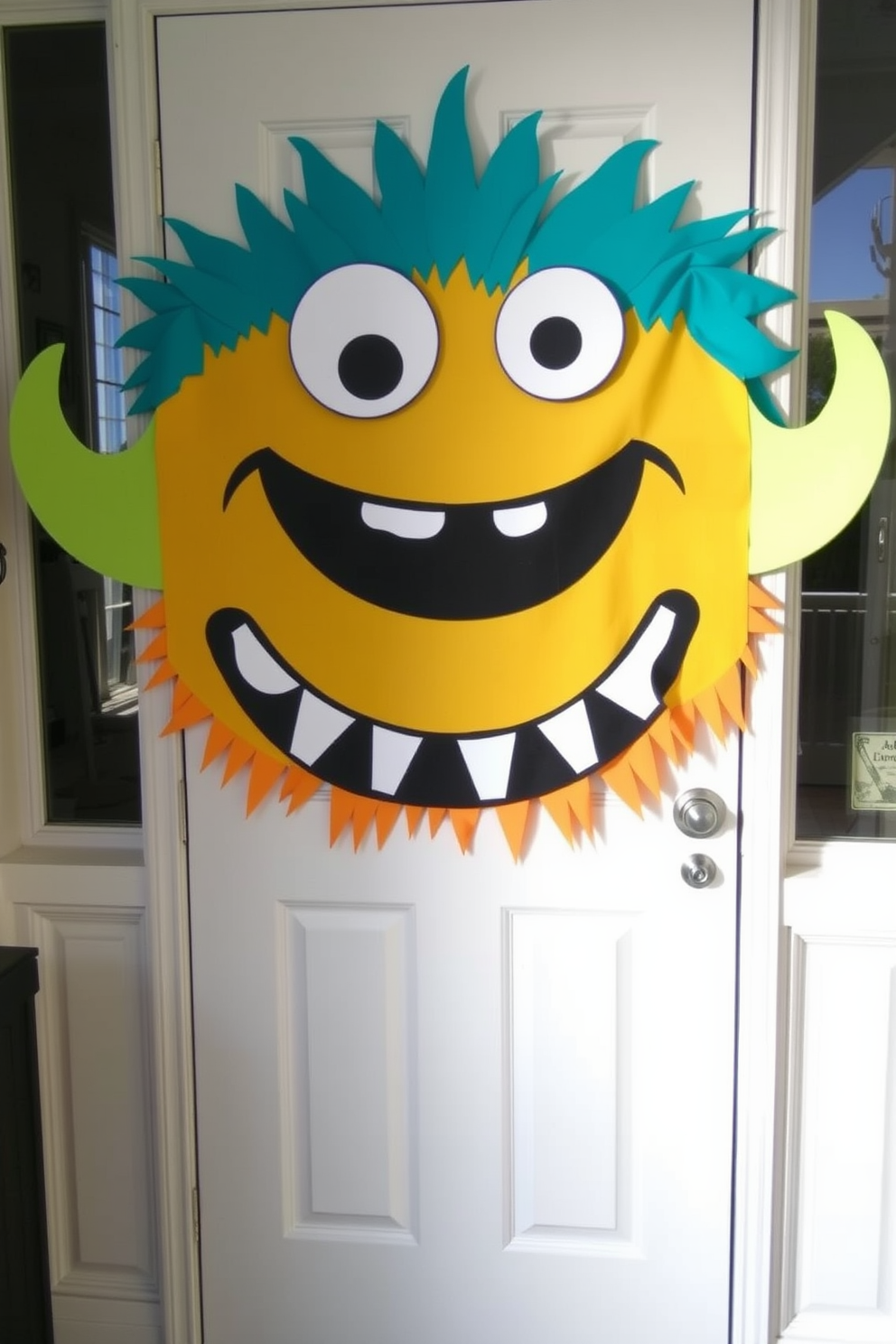 A whimsical door cover featuring a friendly monster face greets guests with a playful charm. The vibrant colors and cheerful expression create a fun atmosphere, perfect for Halloween festivities.