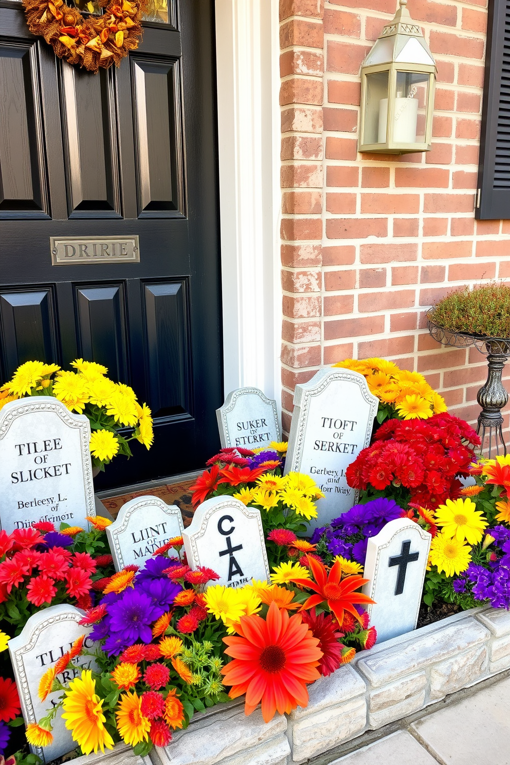 A charming front door adorned with faux gravestones nestled in vibrant flower beds. The gravestones are artistically arranged among colorful autumn blooms, creating a festive Halloween atmosphere.