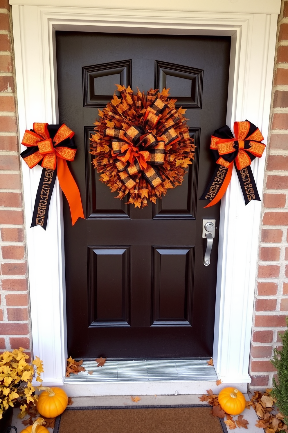 A festive front door adorned with orange and black ribbon bows creates a warm Halloween welcome. The door is framed with autumn leaves and small pumpkins, enhancing the seasonal charm.