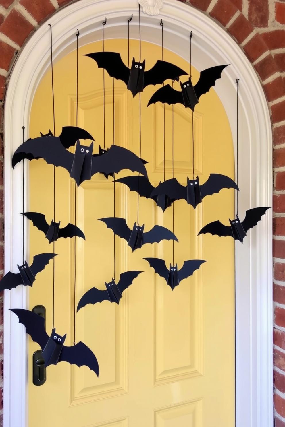 A whimsical Halloween front door setting featuring hanging bats from the door arch. The bats are crafted from black paper and suspended at varying heights to create a playful atmosphere.