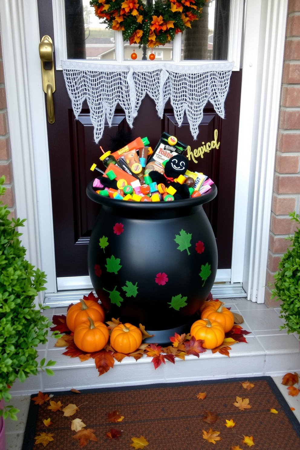 A charming front door decorated for Halloween features a decorative cauldron overflowing with an assortment of colorful treats. Surrounding the cauldron are autumn leaves and small pumpkins, creating a festive and inviting atmosphere.