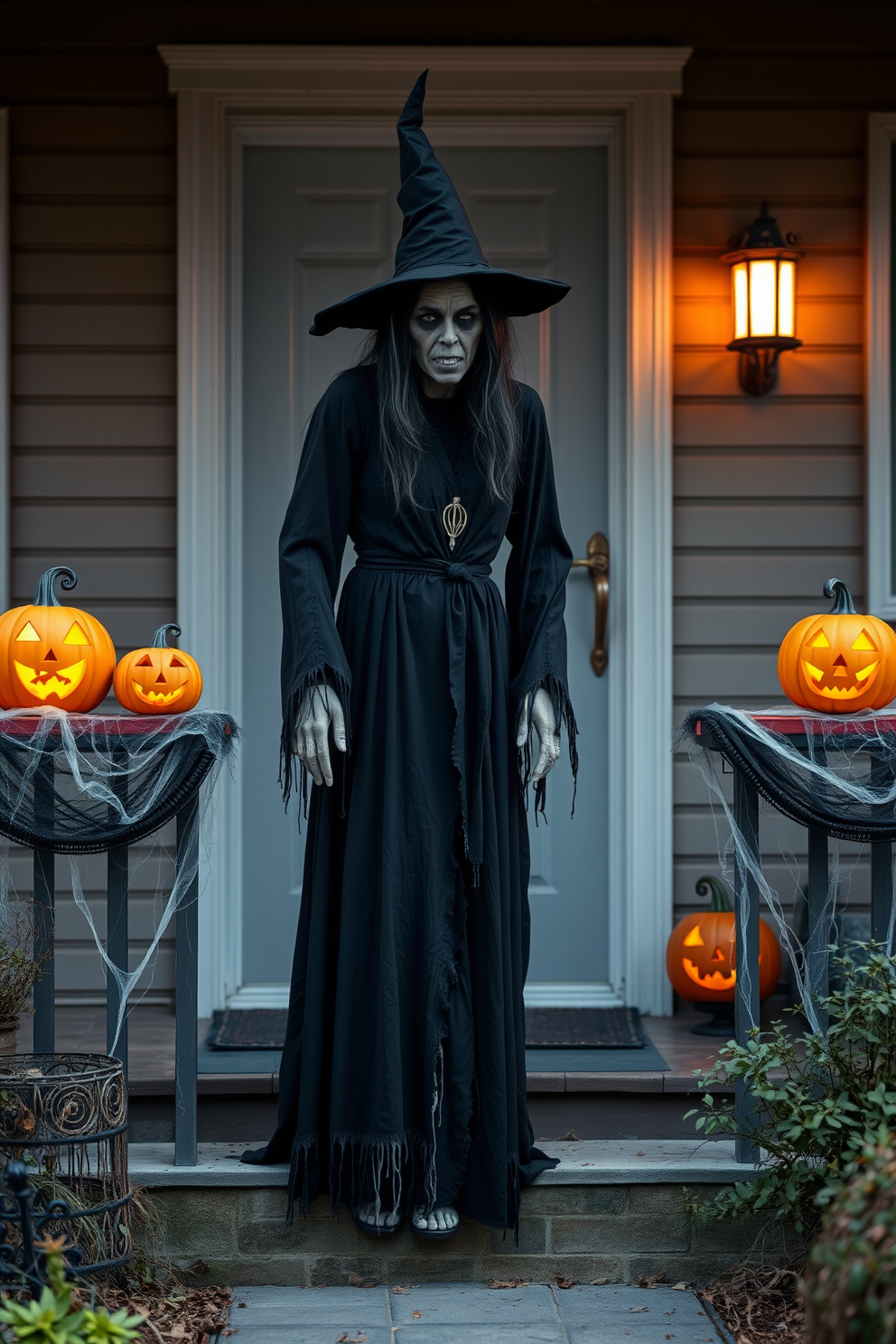 A life-sized witch figure stands ominously on the porch, dressed in a long black dress with tattered edges and a pointed hat. Surrounding her are glowing jack-o'-lanterns and cobwebs draped across the railing, creating an eerie yet festive atmosphere for Halloween.