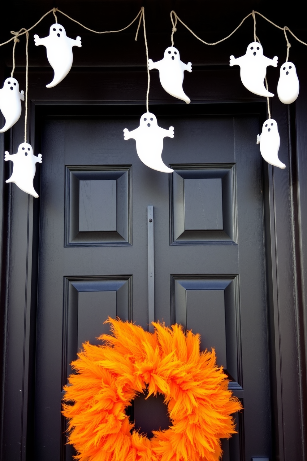 Create a whimsical Halloween front door setting featuring hanging ghost decorations from the eaves. The door is painted a deep black, adorned with a vibrant orange wreath that complements the spooky ambiance.