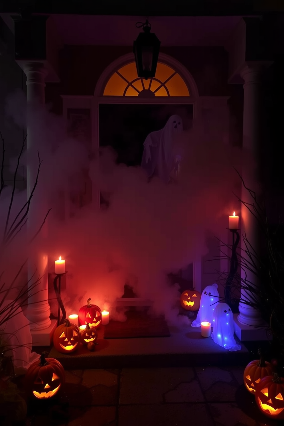 A spooky entrance is created with an eerie fog machine that emits low-lying fog, enveloping the area in a mysterious atmosphere. Surrounding the front door, strategically placed jack-o'-lanterns with flickering candles cast an enchanting glow, while ghostly decorations sway gently in the fog.