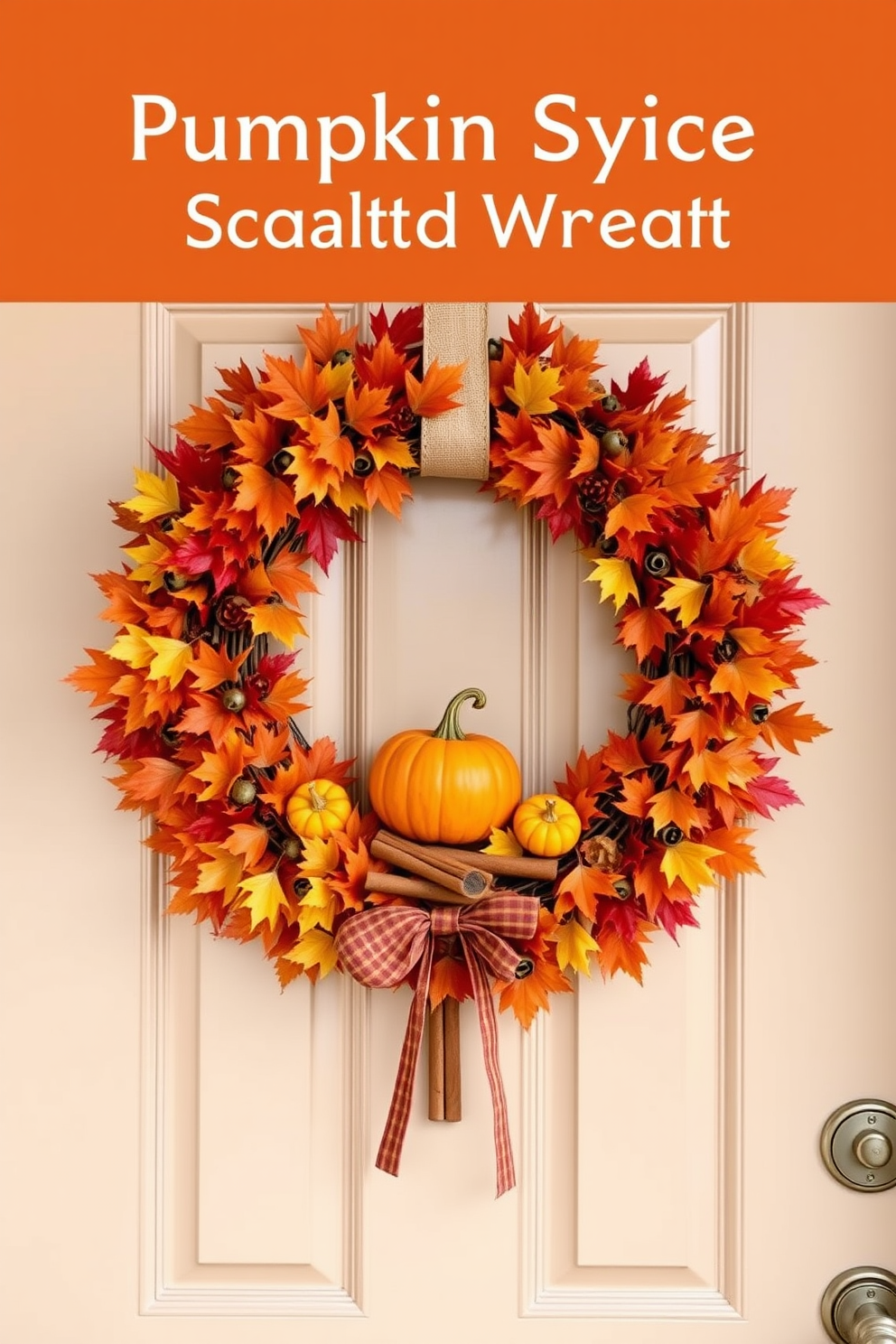 A charming front door adorned with a pumpkin spice scented wreath. The wreath features vibrant autumn leaves, miniature pumpkins, and cinnamon sticks, creating a warm and inviting atmosphere for Halloween.