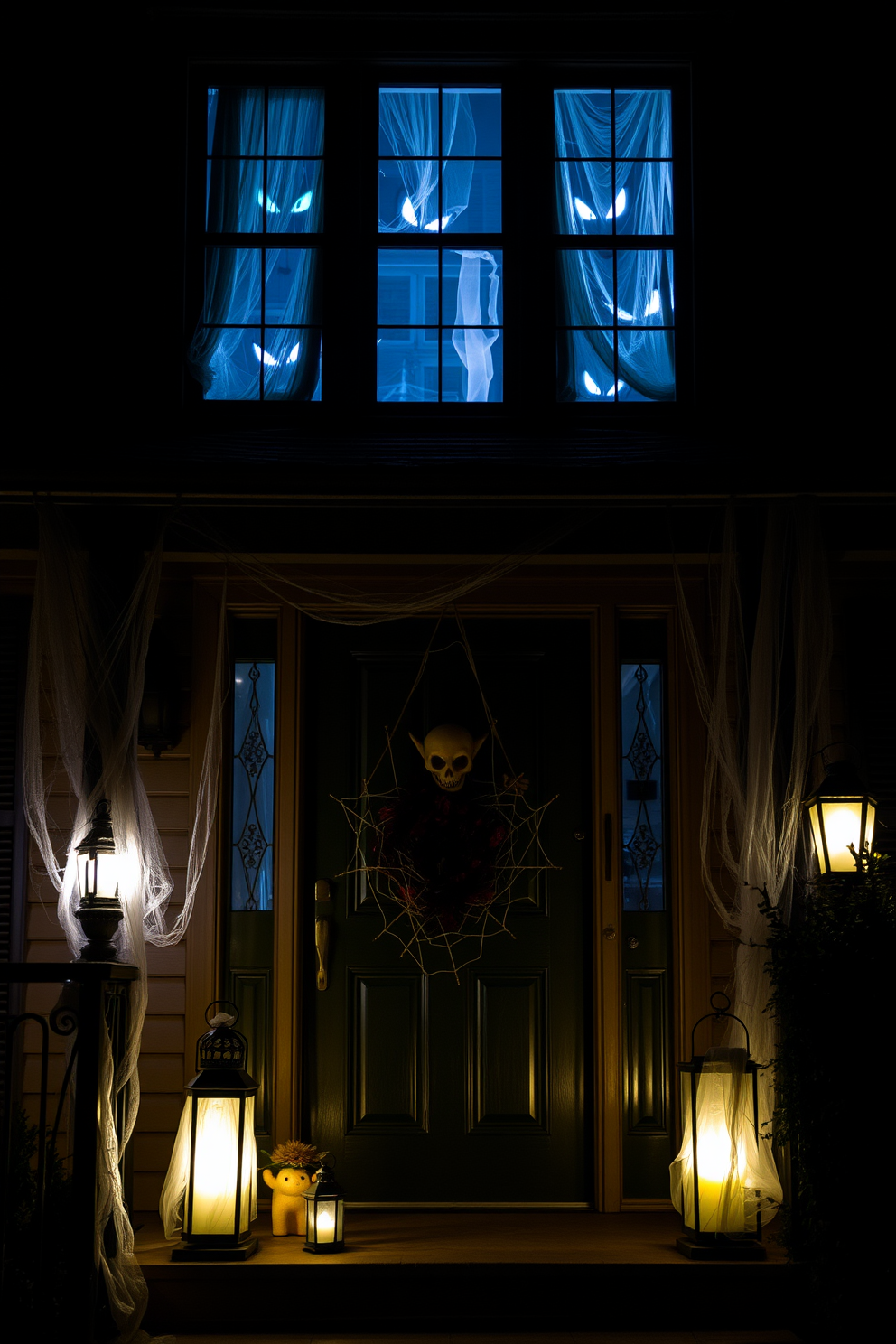 Creepy eyes are peeking through the windows of a haunted house, adding an eerie atmosphere to the Halloween decorations. The front door is adorned with cobwebs, a spooky wreath, and flickering lanterns that cast ghostly shadows on the porch.