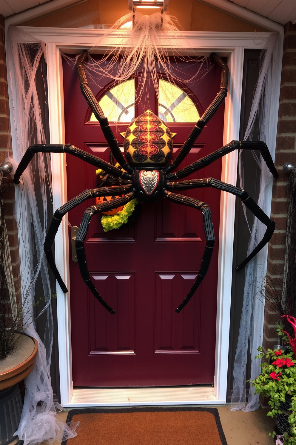 A giant spider is climbing up the front door creating a spooky Halloween atmosphere. The door is adorned with cobwebs and eerie decorations to enhance the festive look.