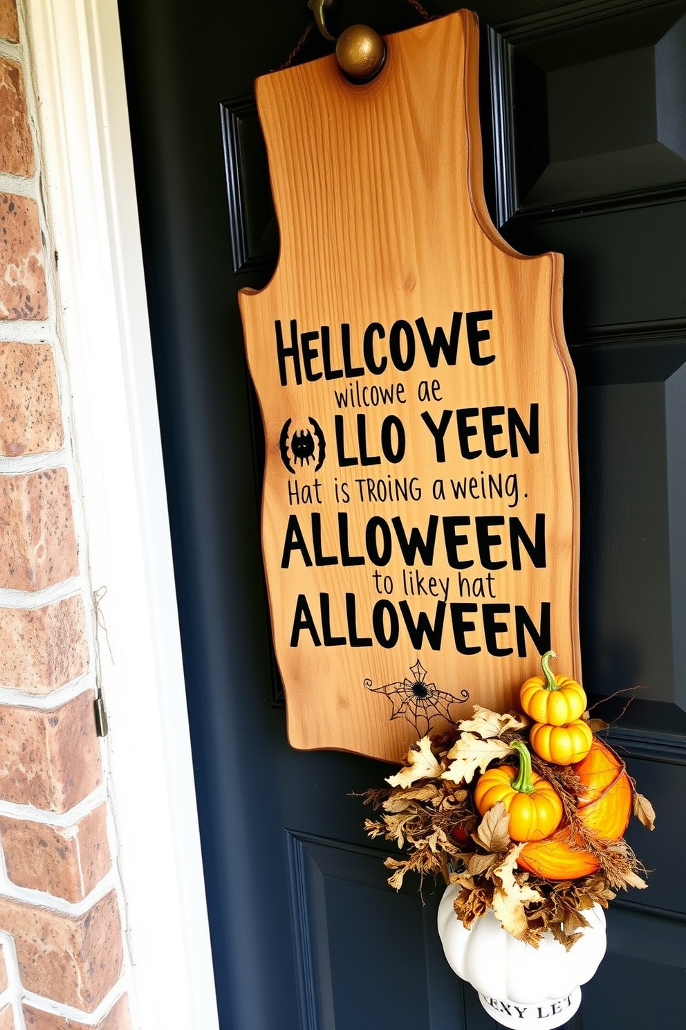 A rustic wooden sign hangs on the front door, featuring a spooky quote that captures the essence of Halloween. The sign is adorned with subtle autumn-themed decorations, such as small pumpkins and dried leaves, creating a warm yet eerie welcome.