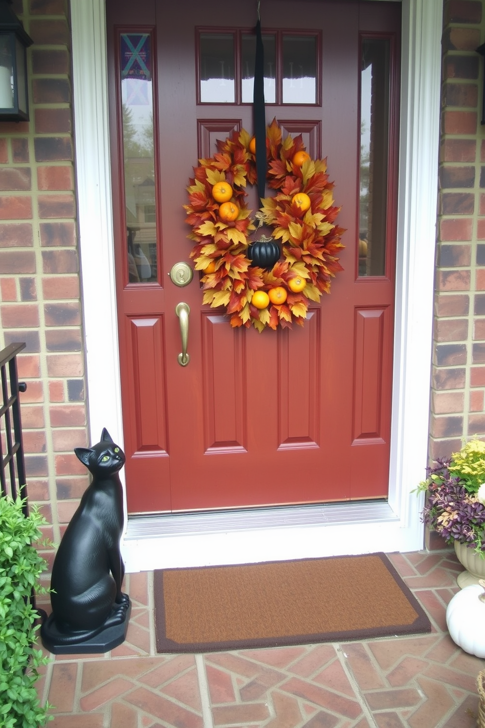 A charming front porch decorated for Halloween features a black cat statue perched by the steps. The door is adorned with a festive wreath made of autumn leaves and small pumpkins, creating a welcoming yet spooky atmosphere.