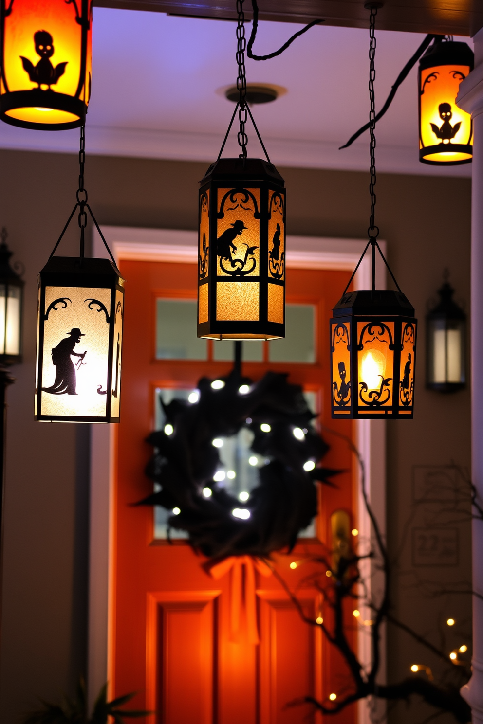 Hanging lanterns with spooky silhouettes create an inviting yet eerie atmosphere for Halloween. The front door is adorned with a mix of traditional and modern decorations, featuring a dark wreath and flickering lights.