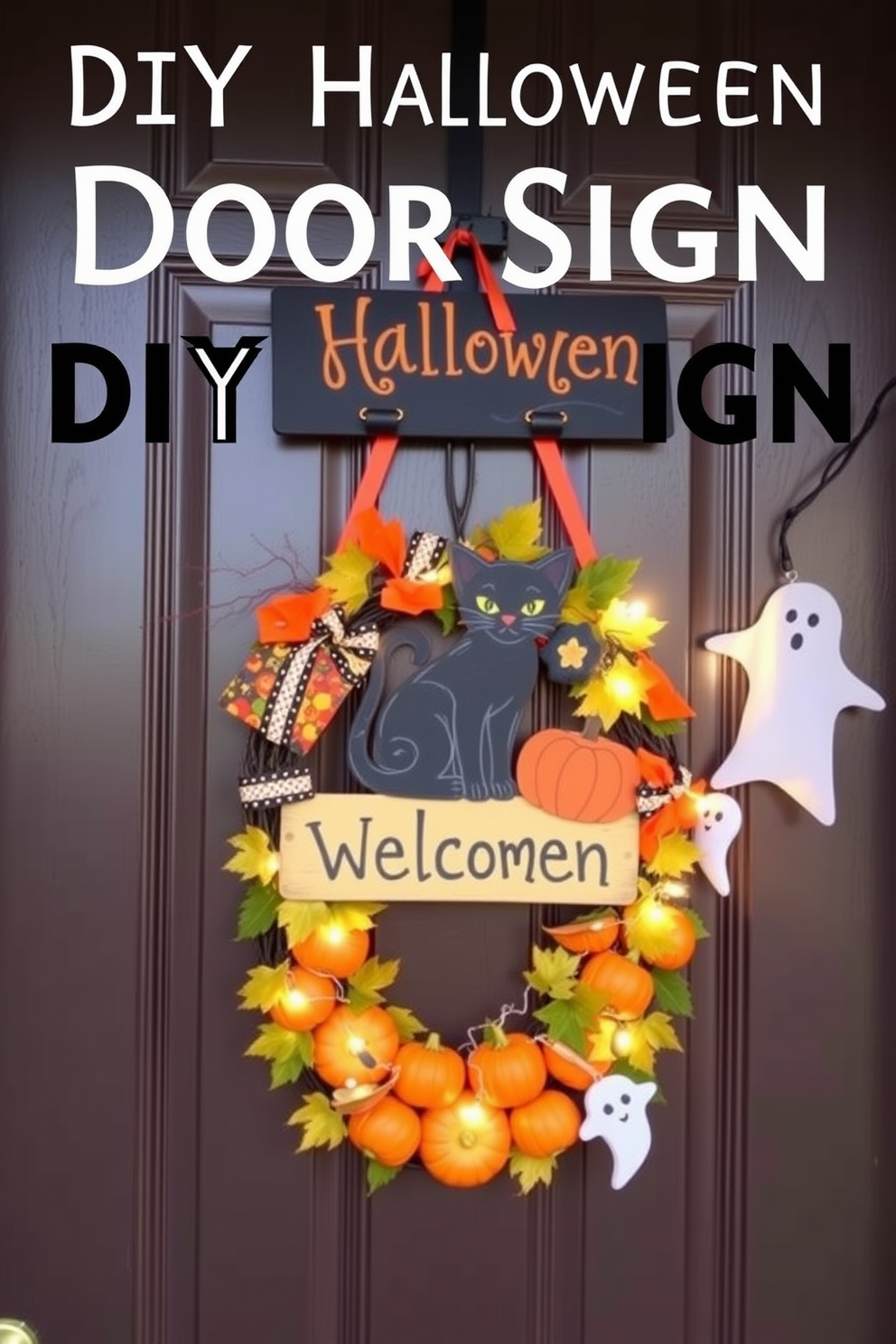 A charming DIY Halloween themed door sign welcomes guests with a playful design featuring a black cat and a pumpkin. The sign is adorned with colorful ribbons and spooky accents, creating a festive atmosphere for the front door. For Halloween front door decorating ideas, consider using a wreath made of artificial leaves and mini pumpkins. Add string lights to create a warm glow and hang ghostly decorations for an extra touch of spookiness.