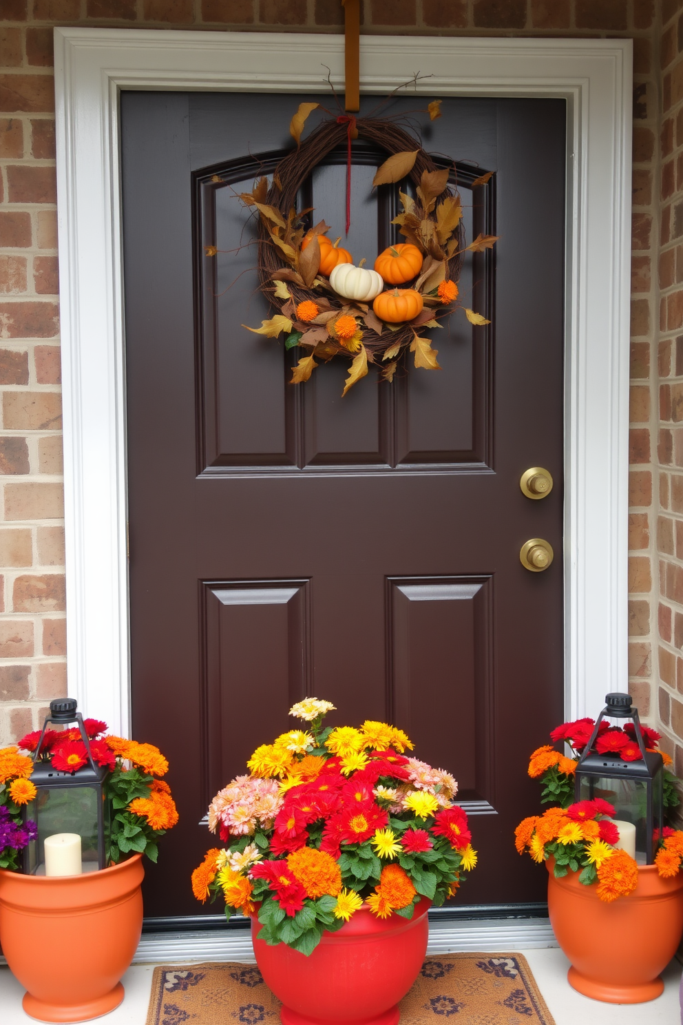 A charming front door adorned with colorful fall flowers in vibrant planters. The planters are filled with a mix of marigolds, chrysanthemums, and ornamental peppers, creating a festive and inviting atmosphere. Hanging above the door is a whimsical Halloween wreath made of dried leaves, twigs, and small pumpkins. Flanking the door are decorative lanterns filled with glowing candles, enhancing the seasonal charm.