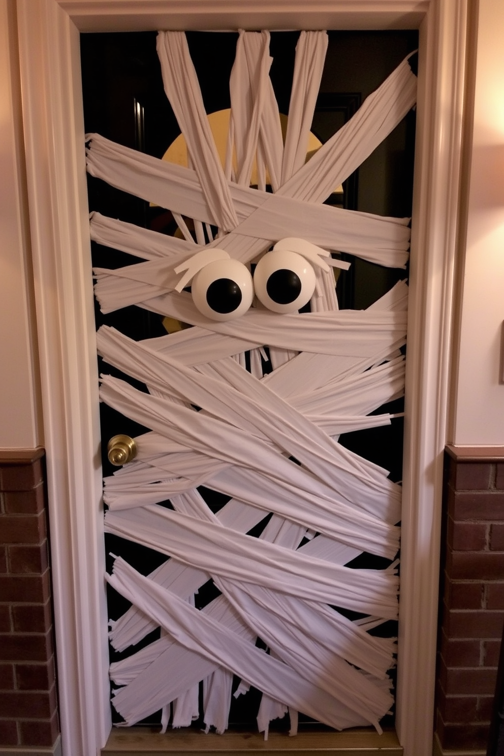 A spooky Halloween front door adorned with a mummy wrap decoration. The door is covered in white fabric strips, resembling bandages, with large googly eyes peeking out from the center.