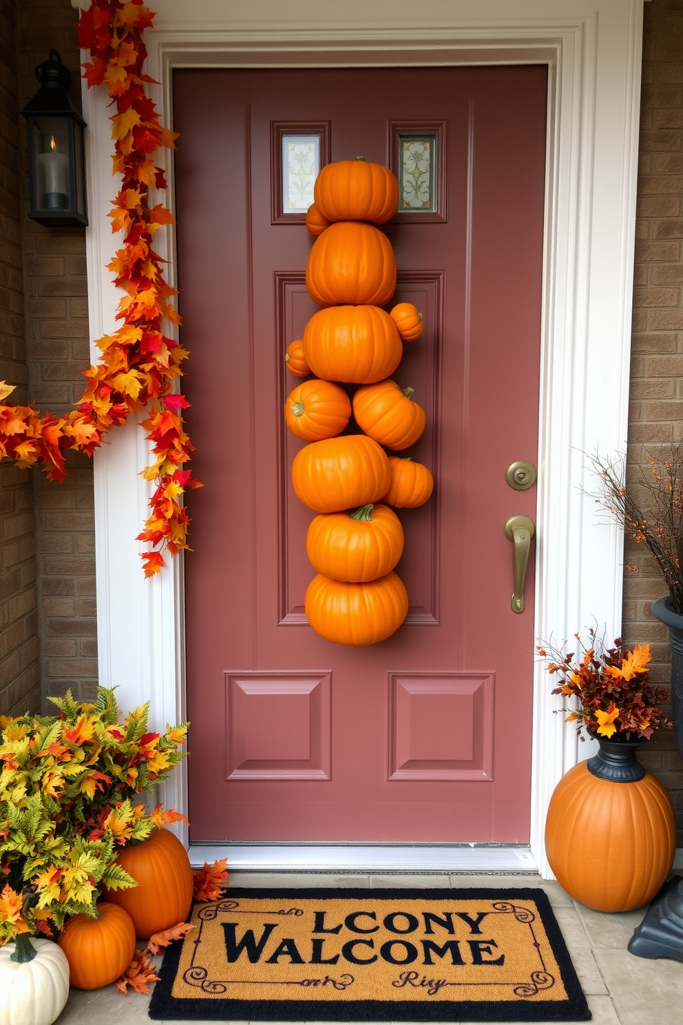 A charming front door adorned for Halloween features a whimsical pumpkin topiary, artfully arranged with varying sizes of pumpkins stacked in a playful manner. Surrounding the door, seasonal decorations like colorful garlands of autumn leaves and a welcome mat with festive motifs enhance the inviting atmosphere.