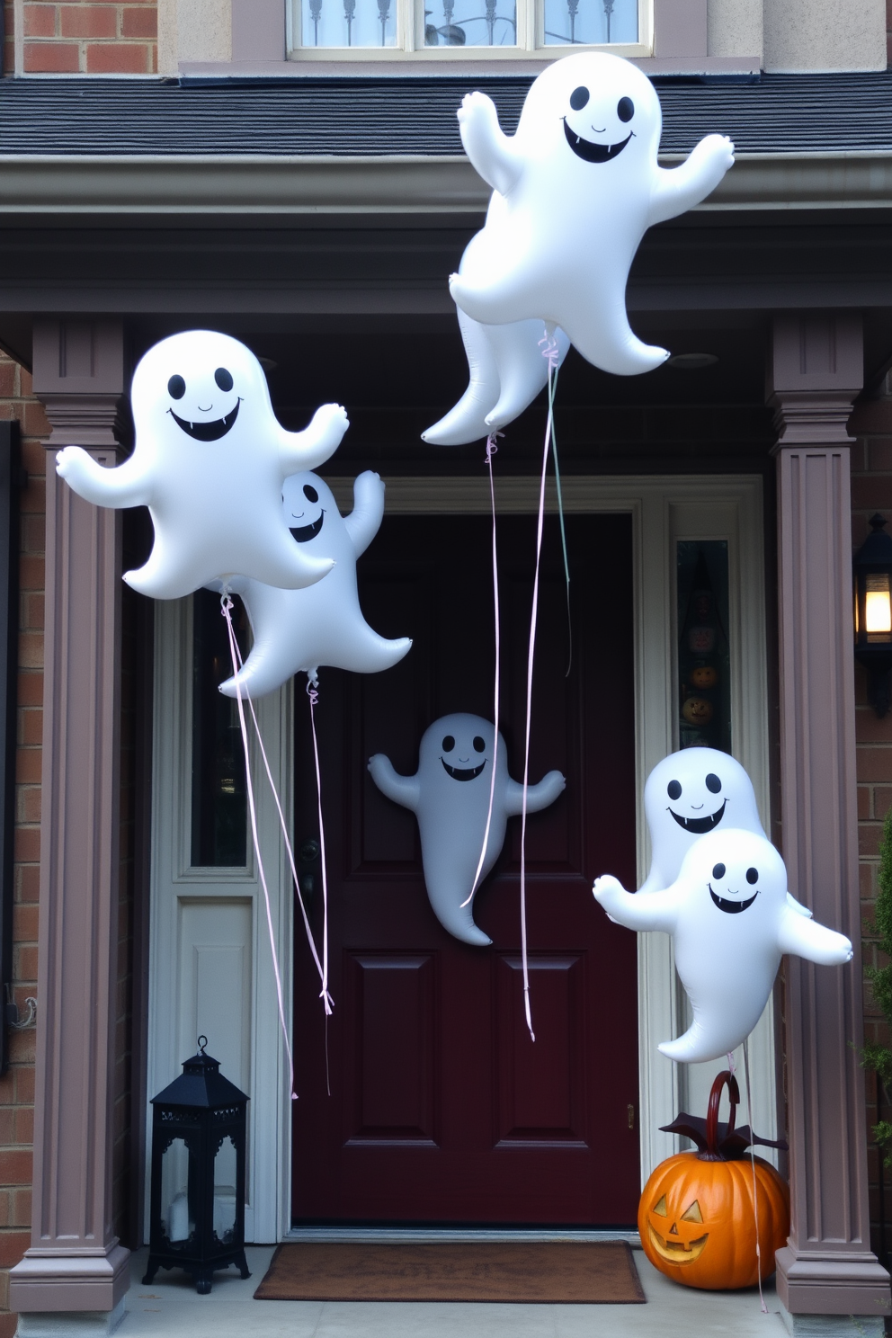 A whimsical Halloween entrance features playful ghost balloons floating cheerfully at the front door. The balloons are adorned with friendly faces, creating a fun and inviting atmosphere for trick-or-treaters.