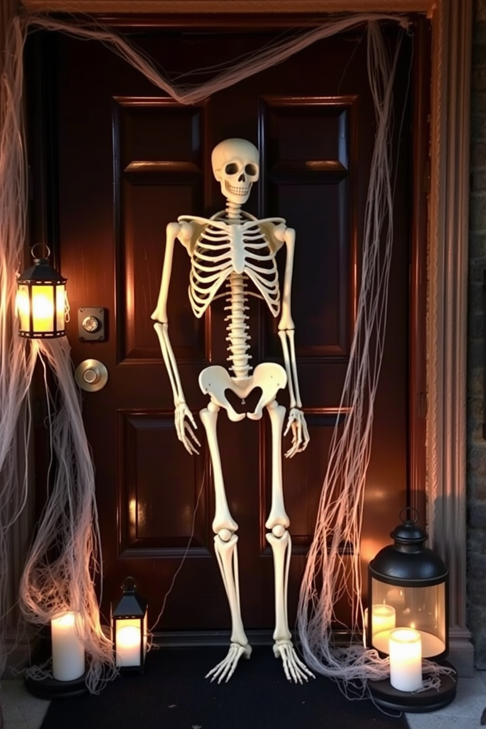 A creepy skeleton leans against a dark wooden door, creating an eerie focal point for Halloween decorations. Surrounding the skeleton are cobwebs and dimly lit lanterns that enhance the spooky atmosphere of the front entryway.