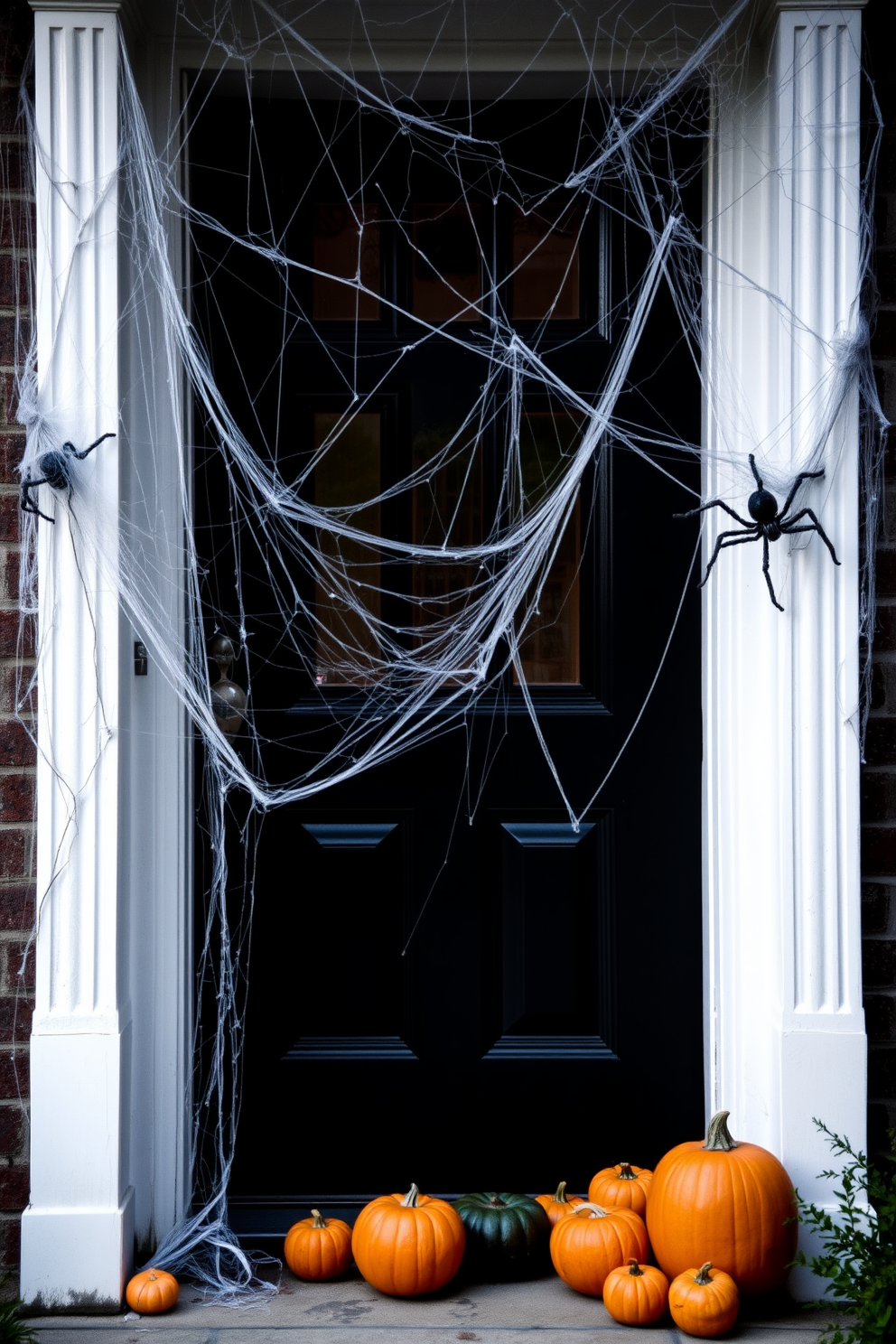 A spooky Halloween front door setting featuring spiderwebs intricately draped over the door frame. The door is painted a deep black, and a collection of small pumpkins in various sizes is arranged at the base.