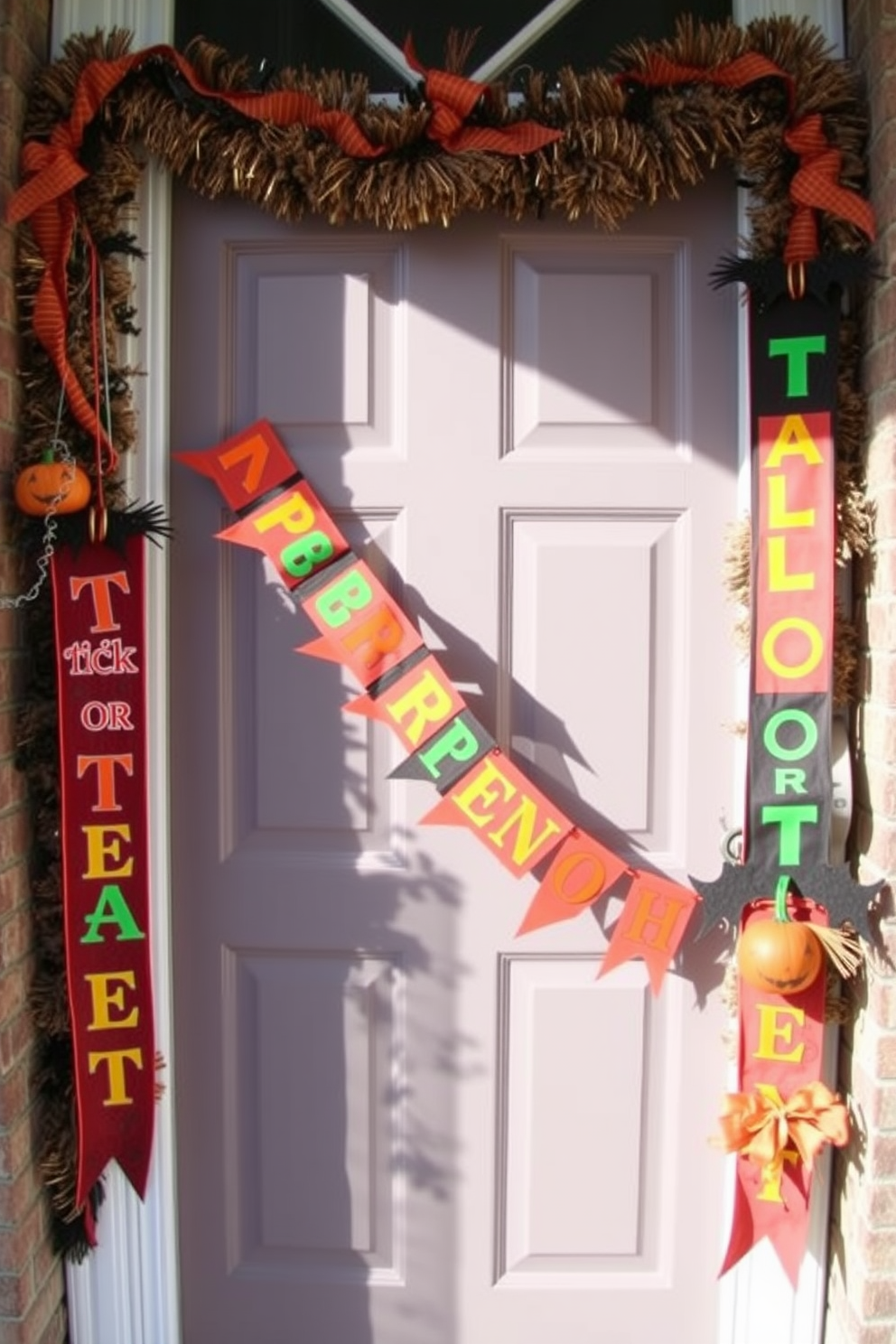 A charming front door adorned with festive Halloween banners. The banners feature playful phrases like 