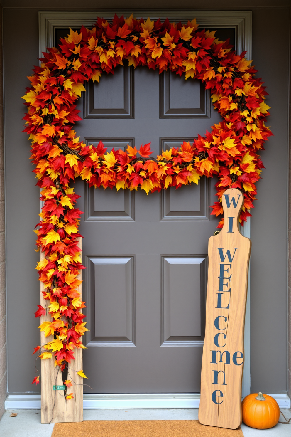 A vibrant autumn leaves garland drapes elegantly across the front door, showcasing an array of red, orange, and yellow foliage. Complementing the garland, a rustic wooden welcome sign is propped beside the door, adorned with miniature pumpkins and festive accents.