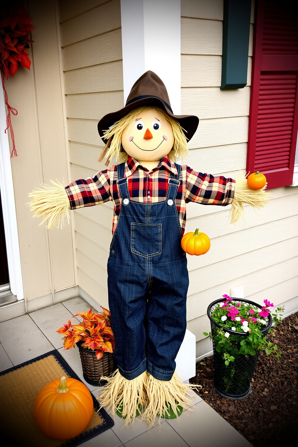 A charming scarecrow stands next to the entrance, welcoming guests with a friendly smile. Dressed in a plaid shirt and denim overalls, it holds a small pumpkin in one hand, adding a festive touch to the Halloween decor.