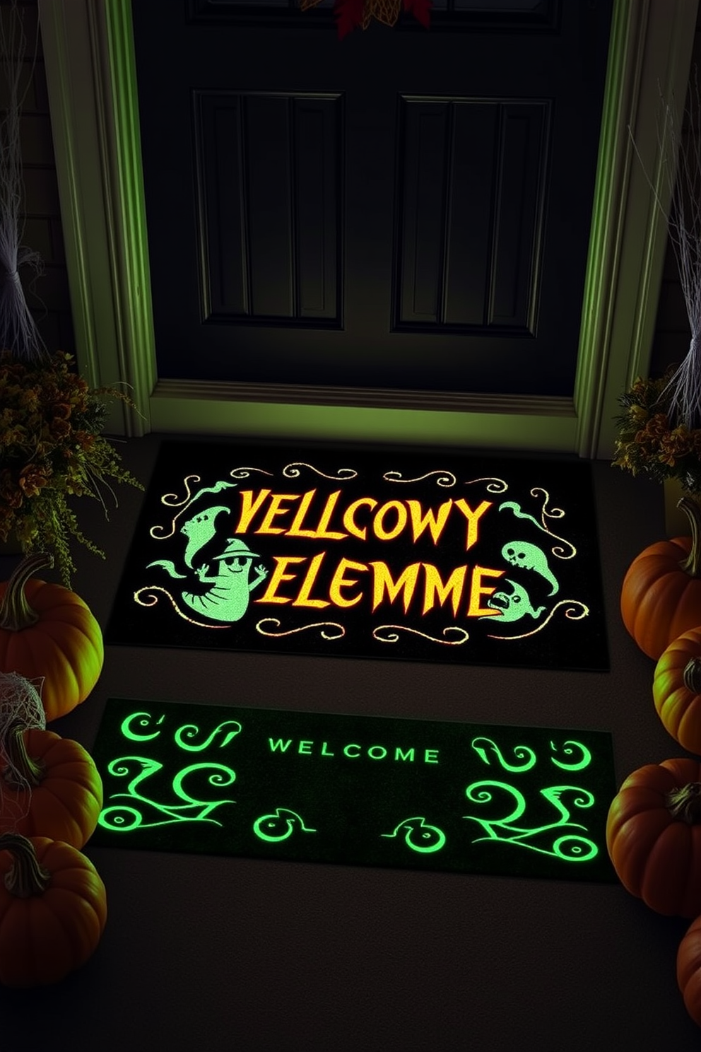 A spooky glow in the dark door mat welcomes guests with eerie designs and vibrant colors. Surrounding the mat, seasonal decorations like pumpkins and cobwebs enhance the Halloween theme.