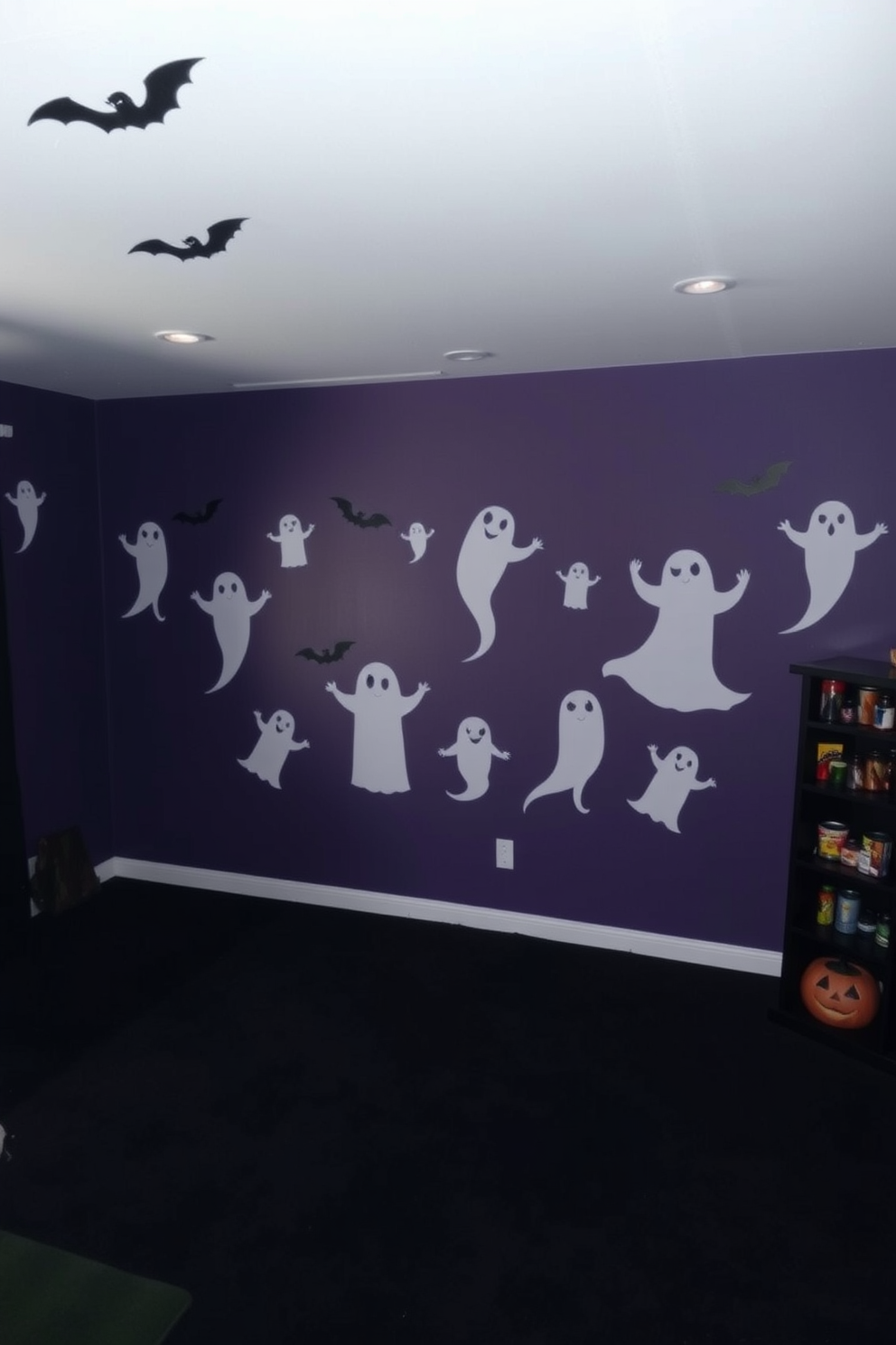 Create a spooky game room featuring wall art that showcases ghost silhouettes in various sizes and poses. The walls are painted in a deep purple hue, and the floor is adorned with a dark carpet that enhances the eerie atmosphere.