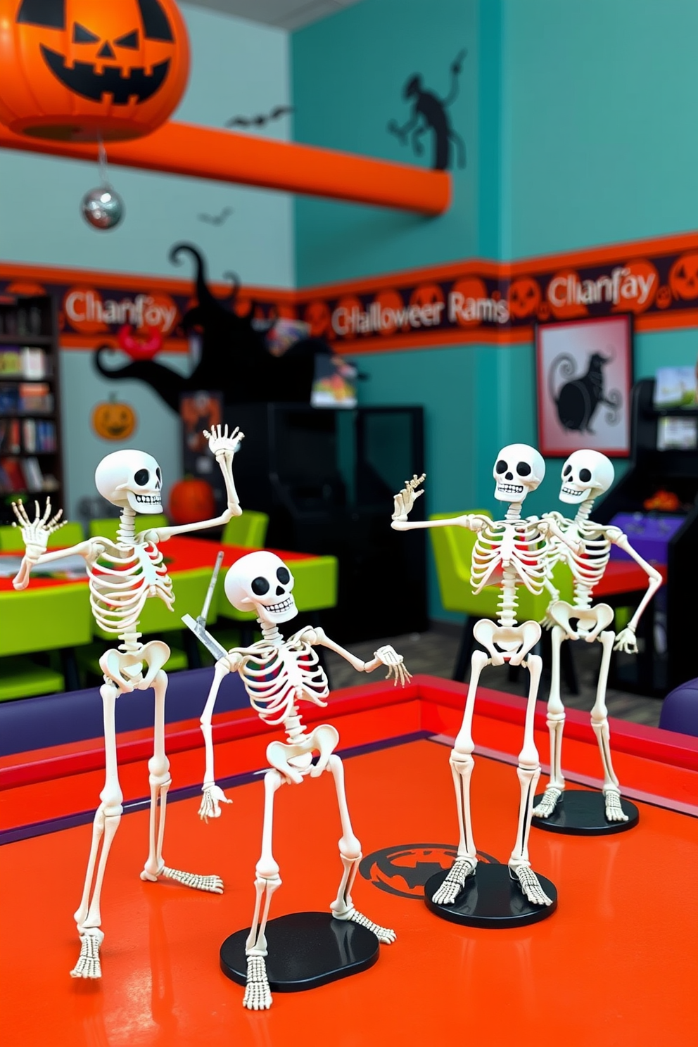 Skeleton figurines are arranged in playful poses throughout a vibrant Halloween-themed game room. The walls are adorned with spooky artwork and the furniture features bold colors that enhance the festive atmosphere.