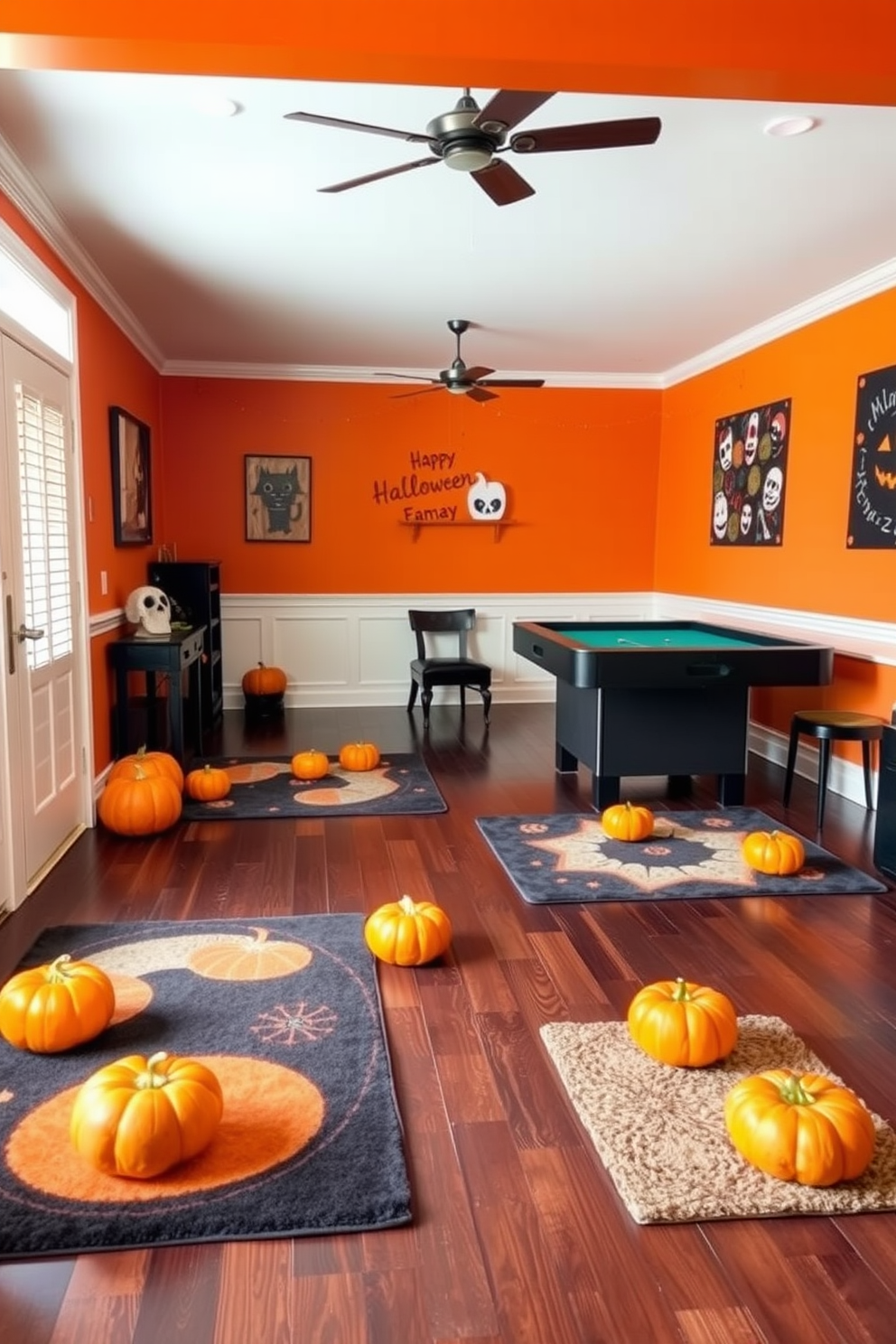 A cozy game room decorated for Halloween features themed area rugs adorned with vibrant pumpkins scattered across a rich, dark hardwood floor. The walls are painted a deep orange, and playful Halloween-themed artwork hangs, creating a festive atmosphere perfect for entertaining guests.