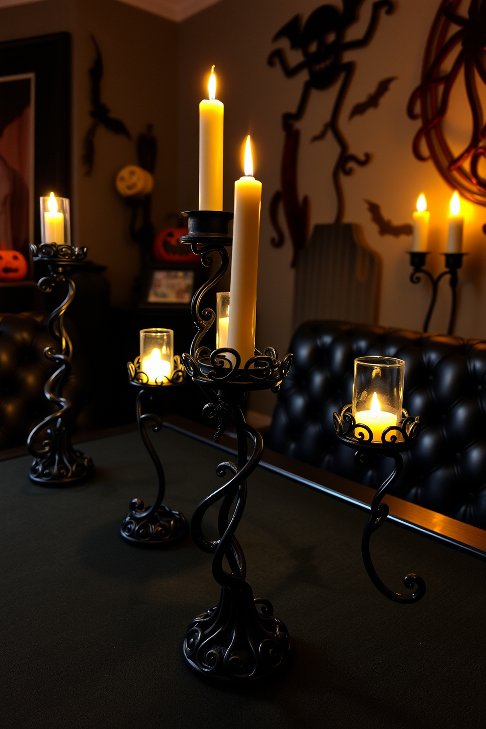 A spooky game room setting featuring creepy candle holders made of twisted black metal with intricate designs. LED candles flicker inside, casting eerie shadows on the walls adorned with Halloween-themed decorations.