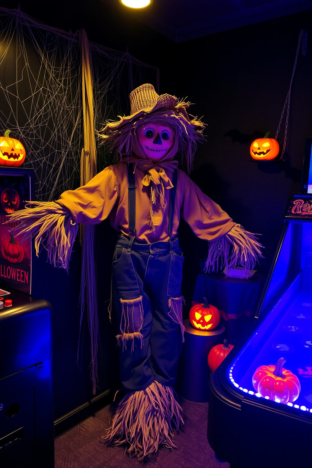 A life-sized scarecrow stands in the corner of a Halloween-themed game room, dressed in tattered clothes and a straw hat. Surrounding it are spooky decorations like cobwebs, glowing pumpkins, and eerie lighting that create a festive atmosphere.