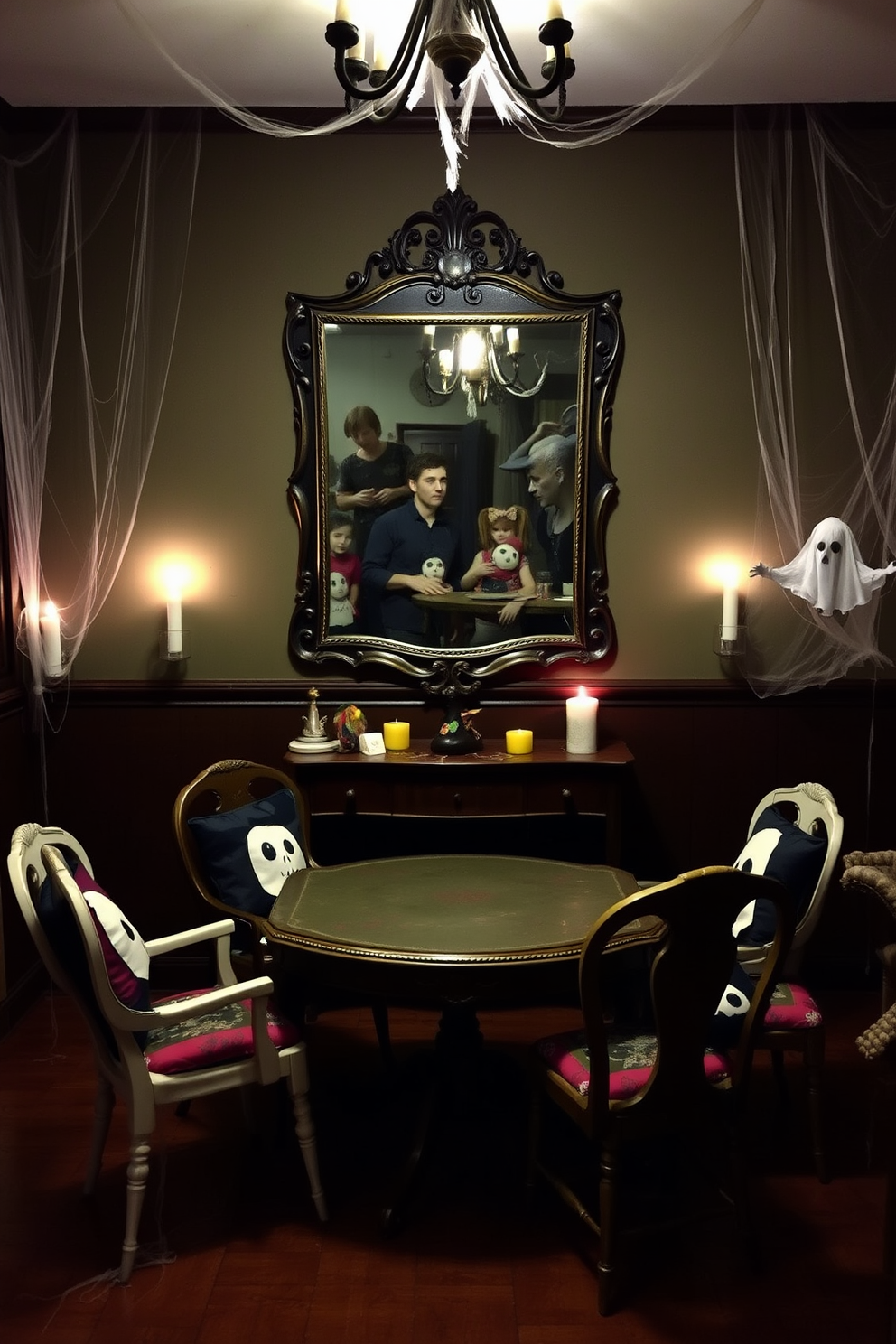 A haunted mirror hangs on the wall, its surface reflecting eerie and distorted images that create an unsettling atmosphere. The room is dimly lit with flickering candles and cobwebs draping from the corners, enhancing the spooky vibe. In the center, a vintage game table is surrounded by mismatched chairs, each adorned with Halloween-themed cushions. Ghostly decorations and playful props are scattered throughout, inviting guests to enjoy a thrilling game night.