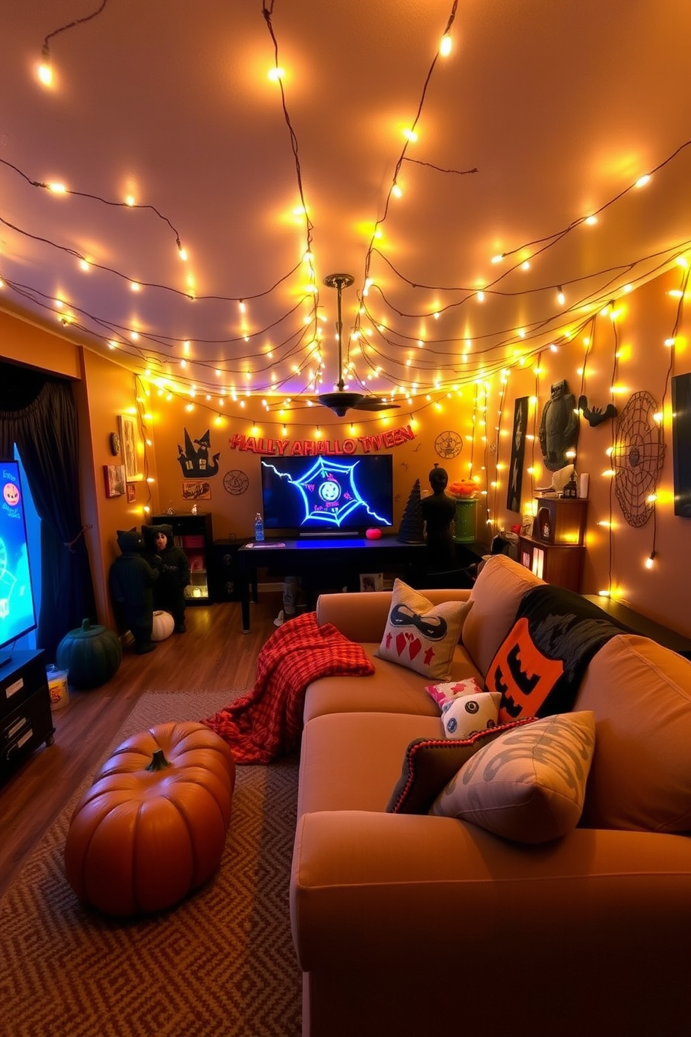 Create a cozy Halloween-themed game room filled with festive string lights that cast a warm glow throughout the space. The walls are adorned with playful decorations, and a large, comfortable sofa invites guests to gather and enjoy the spooky ambiance.