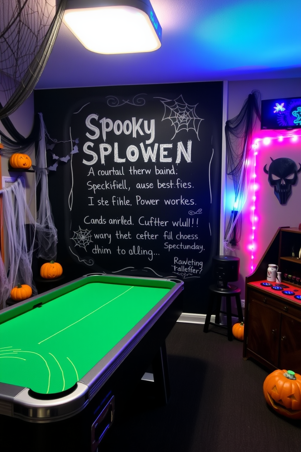 A vibrant game room featuring a chalkboard wall designed for spooky messages. The room is adorned with Halloween-themed decor including cobwebs, pumpkins, and spectral lighting, creating an eerie yet playful atmosphere.