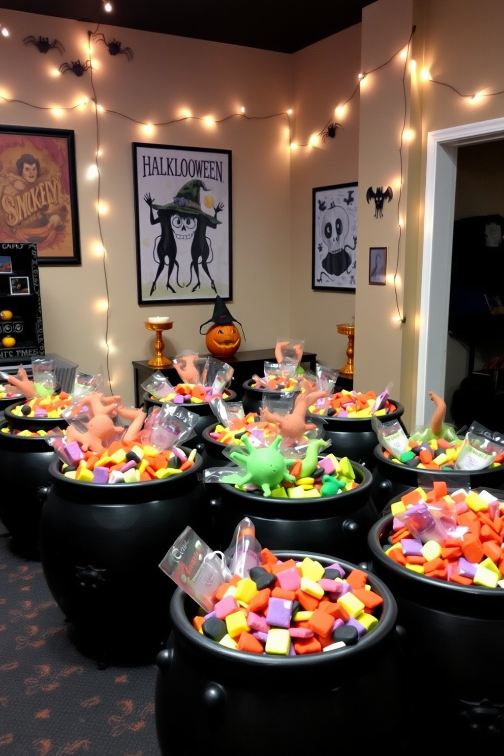 A playful Halloween game room filled with decorative cauldrons overflowing with an assortment of colorful treats. The walls are adorned with spooky artwork and string lights, creating a festive atmosphere perfect for gatherings.