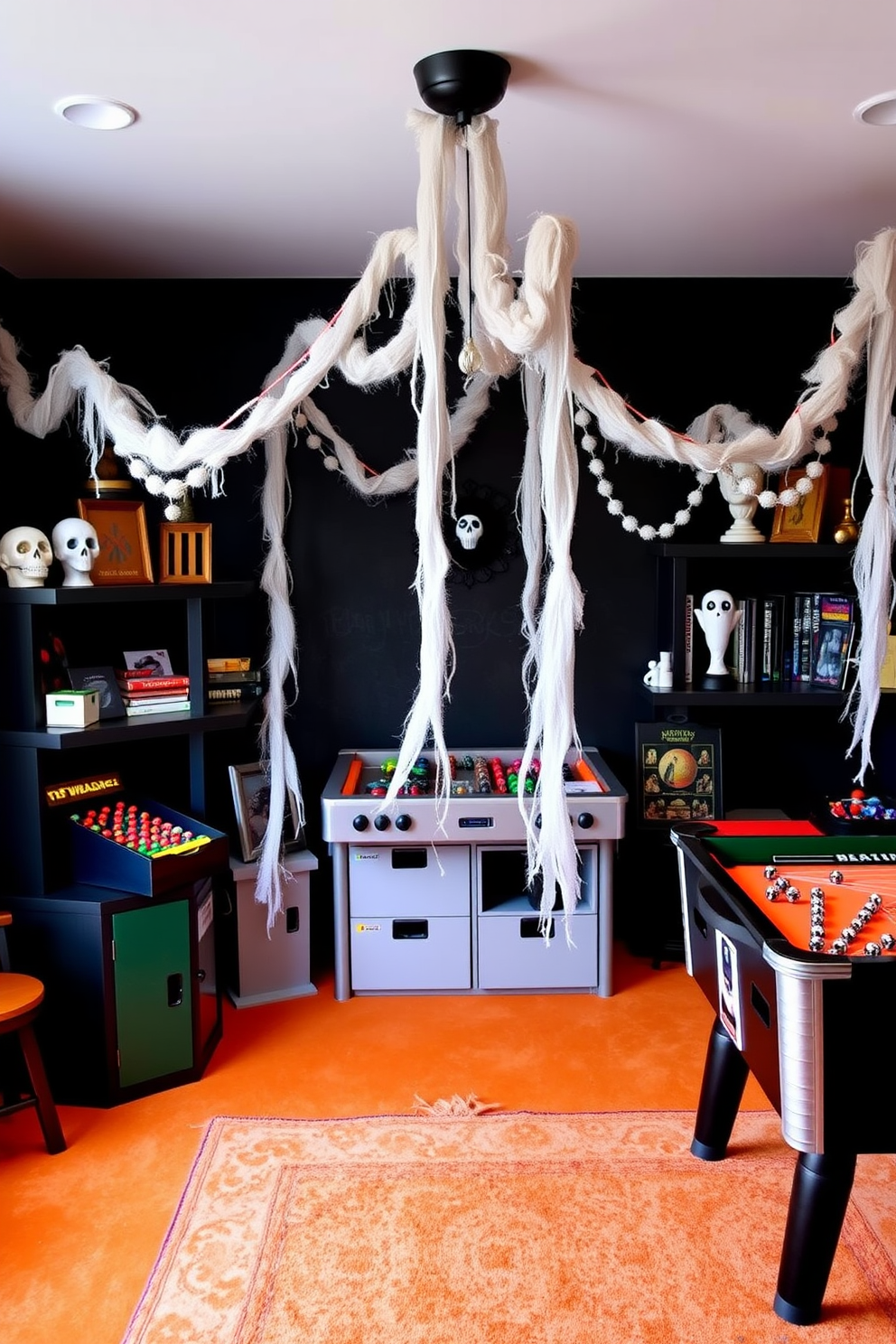 A whimsical game room adorned with ghostly garlands draping elegantly from the shelves. The walls are painted in deep black, while the floor features a vibrant orange carpet that adds a festive touch.