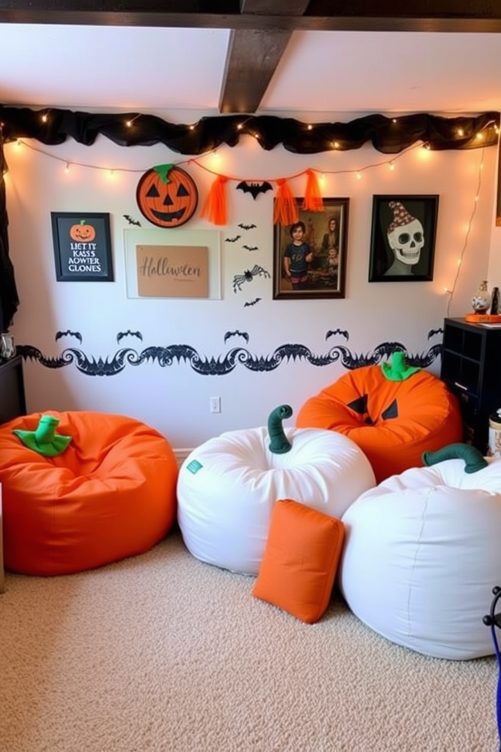 Create a cozy Halloween game room featuring pumpkin-themed bean bag chairs. The room is adorned with playful decorations, including spooky wall art and festive string lights.