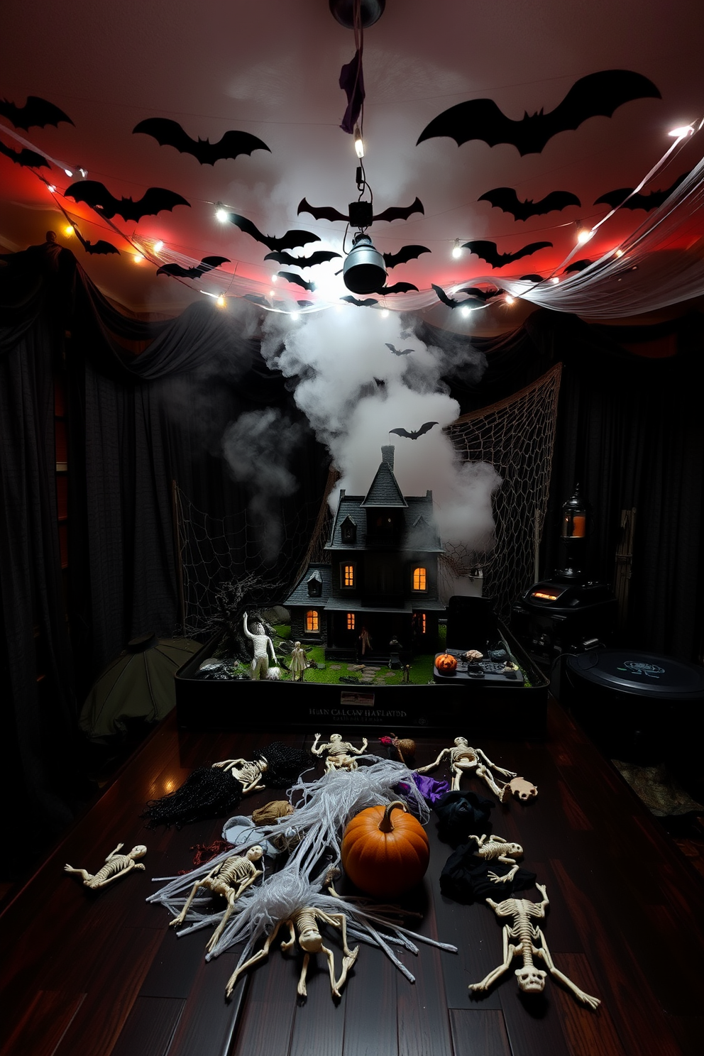 A spooky haunted house diorama is set up on a dark wooden table, featuring miniature ghosts and ghouls peeking out from every corner. The walls are adorned with eerie black and orange decorations, and dim lighting casts shadows that enhance the haunting atmosphere. In the center, a fog machine creates a mysterious ambiance, while string lights shaped like bats hang overhead. A collection of creepy props, such as cobwebs and skeletons, adds to the immersive Halloween experience in the game room.